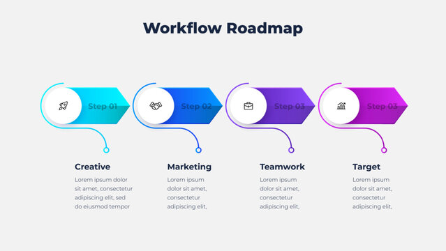 Four Step Horizontal Workflow Roadmap Infographic with Arrow Ribbons for Business Process and Project Planning
