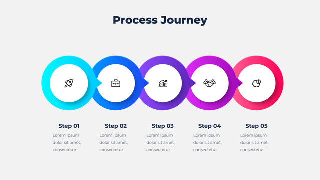 Five Step Process Journey Infographic with Connected Circle Markers for Business Workflow Roadmap and Project Progress