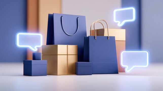 A collection of blue and gold gift bags and boxes with glowing speech bubbles around them