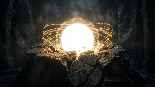 Sphere of brilliant energy emits radiant golden rings while levitating over a fractured rock platform.
