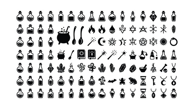 Set of black silhouette magic icons and mystical occult symbols.