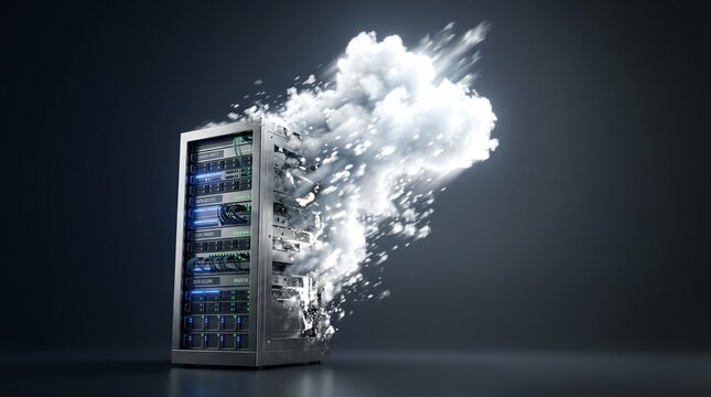 Server unit dissolves into a cloud of particles to represent digital transformation and data migration.