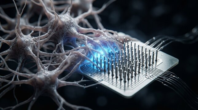Microchip connects to biological neural pathways to illustrate advanced brain computer interface technology.