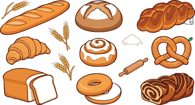 Bakery bread vector collection featuring fresh baguette French croissant sweet cinnamon roll salted pretzel braided loaf and wheat isolated on white background