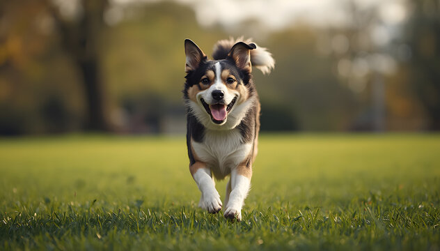 Happy Dog Running in Park, Tongue Out, Joyful Pet Outdoors