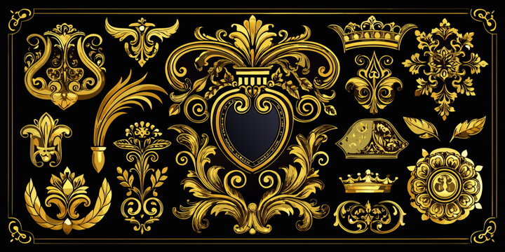 Ornate golden heraldic and baroque design elements set, vector