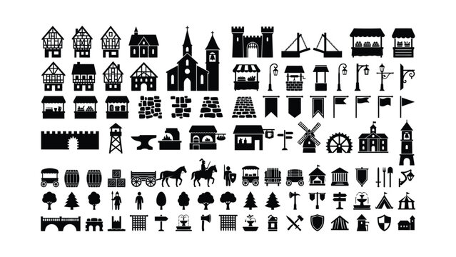 Set of black silhouette icons for medieval city map building elements.