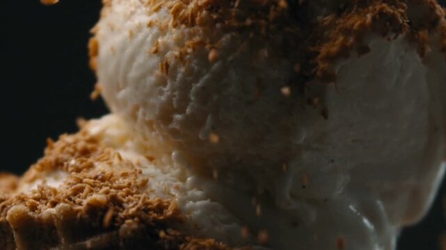 Creamy vanilla ice cream scoops with crushed biscuit topping, gourmet cold dessert with crunchy cookie crumbs, cinematic food macro shot
