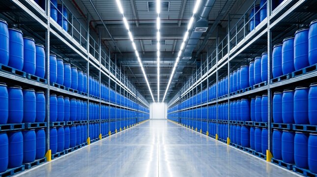 Modern warehouse interior with rows of blue plastic barrels stacked on shelves under bright LED lighting