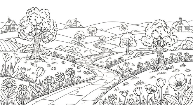 Charming countryside scene colouring page for kids and adults