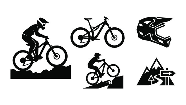 Set of Mountain Biking and Cycling Silhouette Icons.