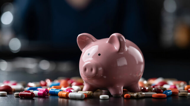 Piggy Bank Amidst Medication: A pink piggy bank rests on a bed of scattered pills and capsules, a poignant symbol of health, healthcare cost, and financial planning.