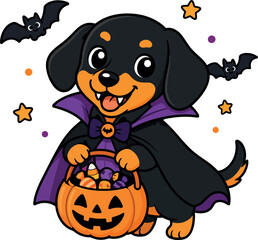Halloween Dachshund Dog Vampire Cape Pumpkin Candy Bucket © Mousumiakter
