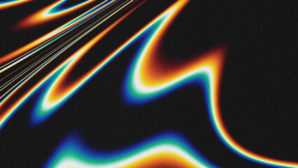 Grainy abstract background with dynamic iridescent gradient waves, rainbow color streaks, and fluid motion lines on a black textured backdrop.  © yun visual