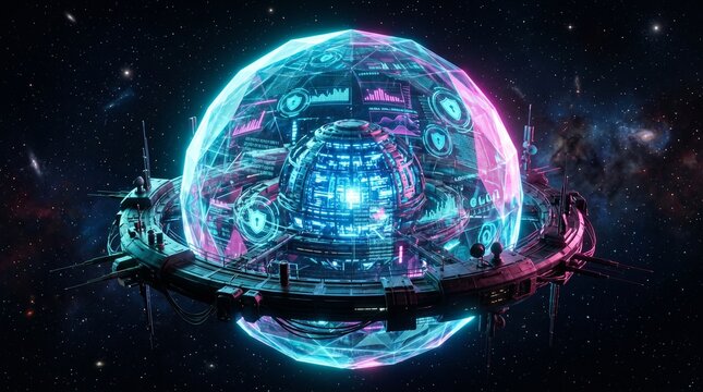 Space station architecture houses a glowing core server protected by a geometric force field.