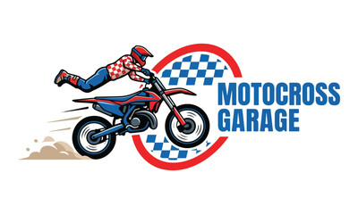 Obraz premium Motocross Garage Logo with Freestyle Dirt Bike Rider Stunt