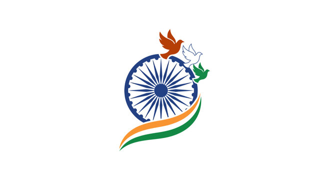 India Flag Ashok Chakra Emblem with Flying Doves and Tricolor Ribbon