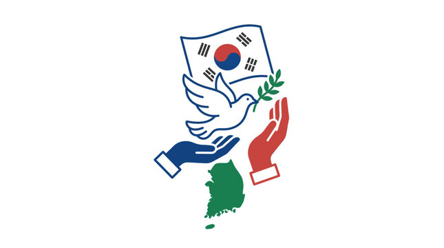 Peaceful hands holding dove and South Korean flag over map