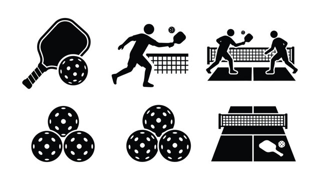 Pickleball sport icon set with paddles balls and court.