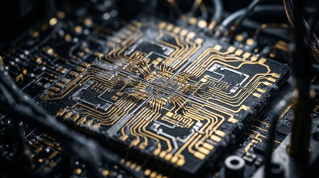 Processor motherboard features complex metallic traces and integrated electronic components for computing.