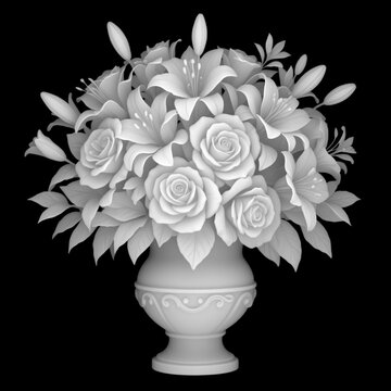 3D sculpture of a beautiful blooming flower bouquet with roses and lilies in an ornate classic vase, clay relief art style, isolated on black background
