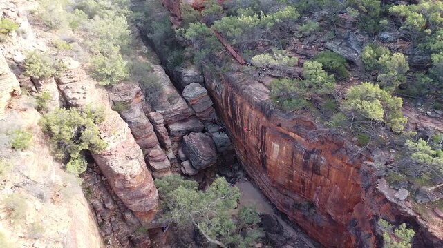 Drone view of abseiling in red gorge in Kalbarri National Park
