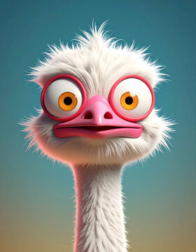 Cartoon ostrich character with big eyes and bright pink beak in a simple background during a colorful sunset scene Generative AI