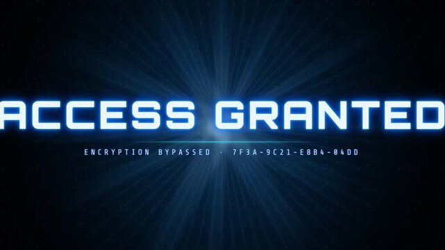 Cyber security login intro featuring a glowing data ring decrypting a password and exploding into digital shards and neon blue light rays.