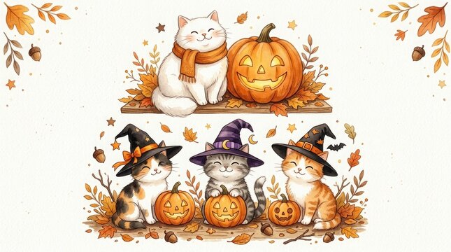 Whimsical halloween cats with pumpkins and witches hats
