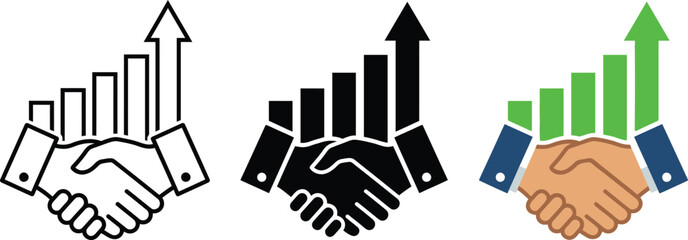 Obraz premium Business handshake with growing bar chart and arrow icon set