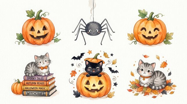 Whimsical halloween illustrations of pumpkins cats and spiders
