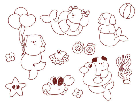Cute dog mermaid doodle vector set. Kawaii puppy mermaid line art elements for coloring book, stickers, and kids design. Isolated on white background.