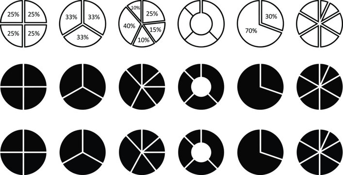 Set of various pie charts and circular diagrams with percentages