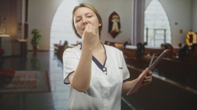 Woman in white uniform holds clipboard and pen, sings with open mouth and raised hand in a church; joyful praise.