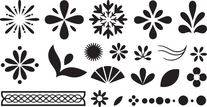A diverse collection of ornamental black abstract shapes and floral elements perfect for elegant design projects