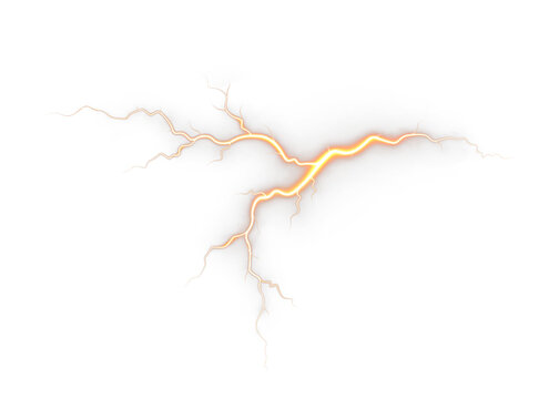 A bright orange lightning bolt emitting a powerful electrical discharge. Transparent PNG background for overlaying images and creating special effects.