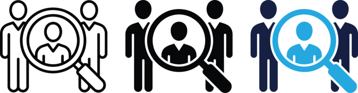 Set of human resource icons with magnifying glass focusing on a person, recruitment and talent search concept