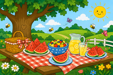 Naklejka premium Cartoon picnic table with watermelon and lemonade outdoors