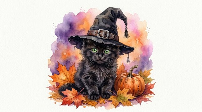 Whimsical black kitten in witch hat with pumpkin and fall leaves