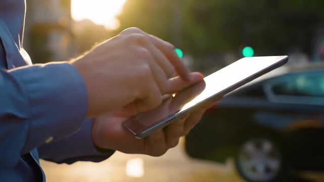 Close-up of professional using a digital tablet outdoors, managing business tasks, leveraging mobile technology for enhanced productivity, remote work, and modern connectivity in a city environment.