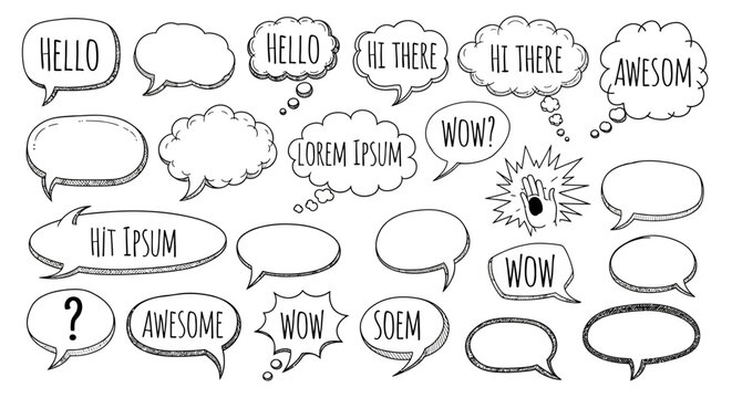A collection of various speech bubbles with different words and shapes on white background