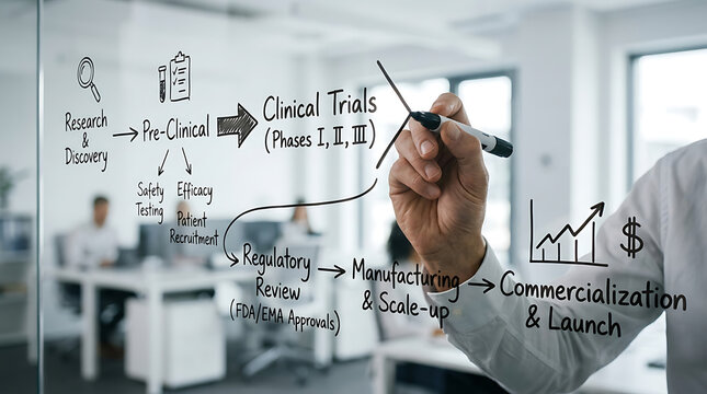 Businessman drawing a clinical trial process flowchart on a glass wall in an office setting.