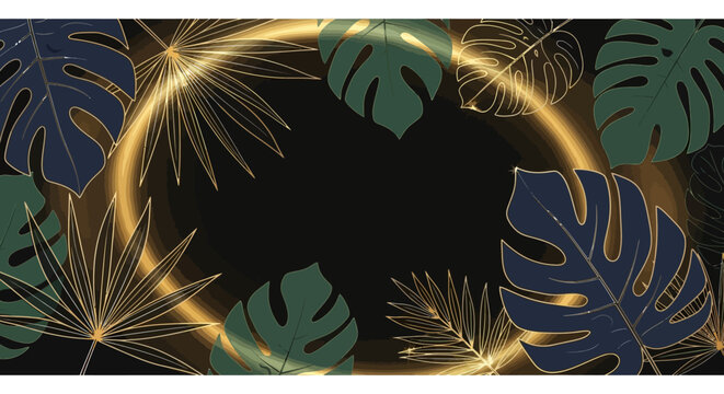 Abstract illustration of tropical leaves with a golden ring on a dark background
