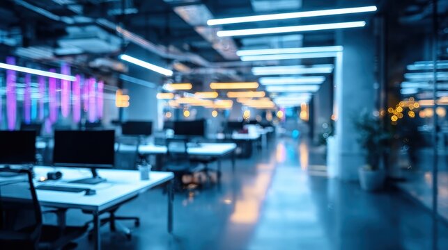 Blurred modern open plan office with blue neon lighting