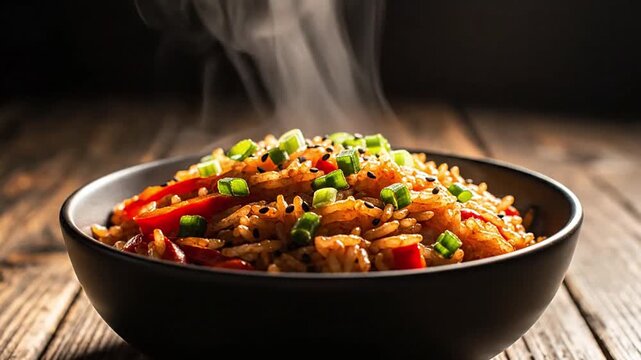 Fresh steaming vegetable fried rice in a black ceramic bowl on a rustic wooden table. Perfect for Asian restaurant menus, culinary concepts, and healthy food blogging.