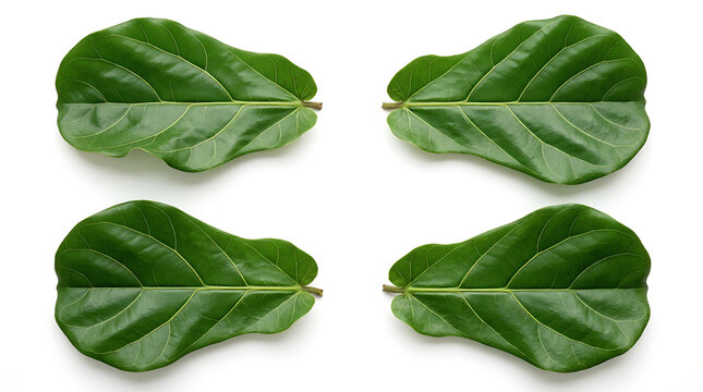 Set of Four Glossy Green Fiddle Leaf Fig Leaves Isolated on a White Background