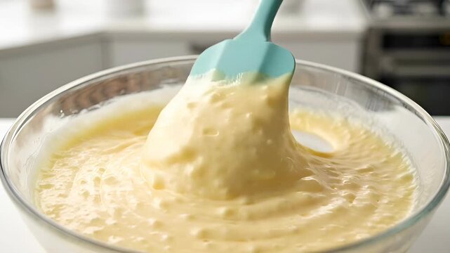 A Spatula Mixing Smooth Creamy Cake Batter in a Glass Bowl