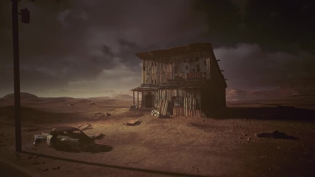 deserted wooden shack at dusk, battered car wreck in foreground, cracked earth and brooding stormclouds scenes hint at drifter hideout, salvage hunter camp,