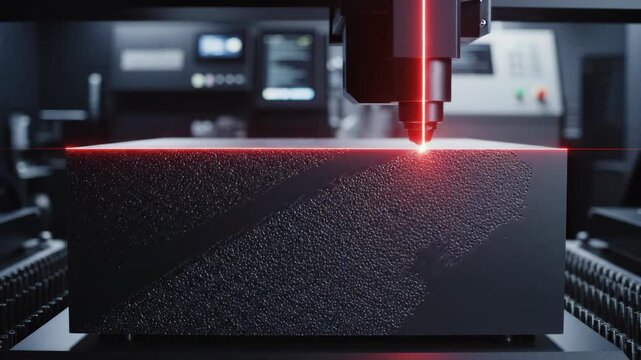 Red laser beam precisely cutting through textured metal block in high-tech factory setting. Perfect for tech branding, industrial visuals, engineering content