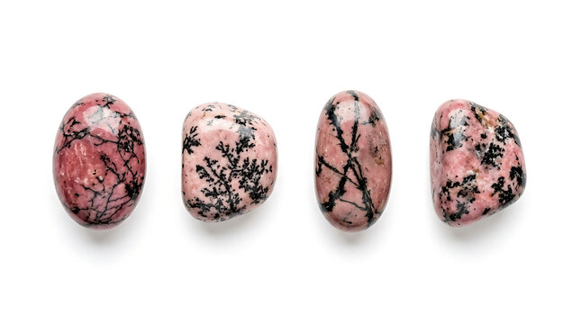Four Beautiful Polished Rhodonite Gemstones Isolated on a Pure White Background